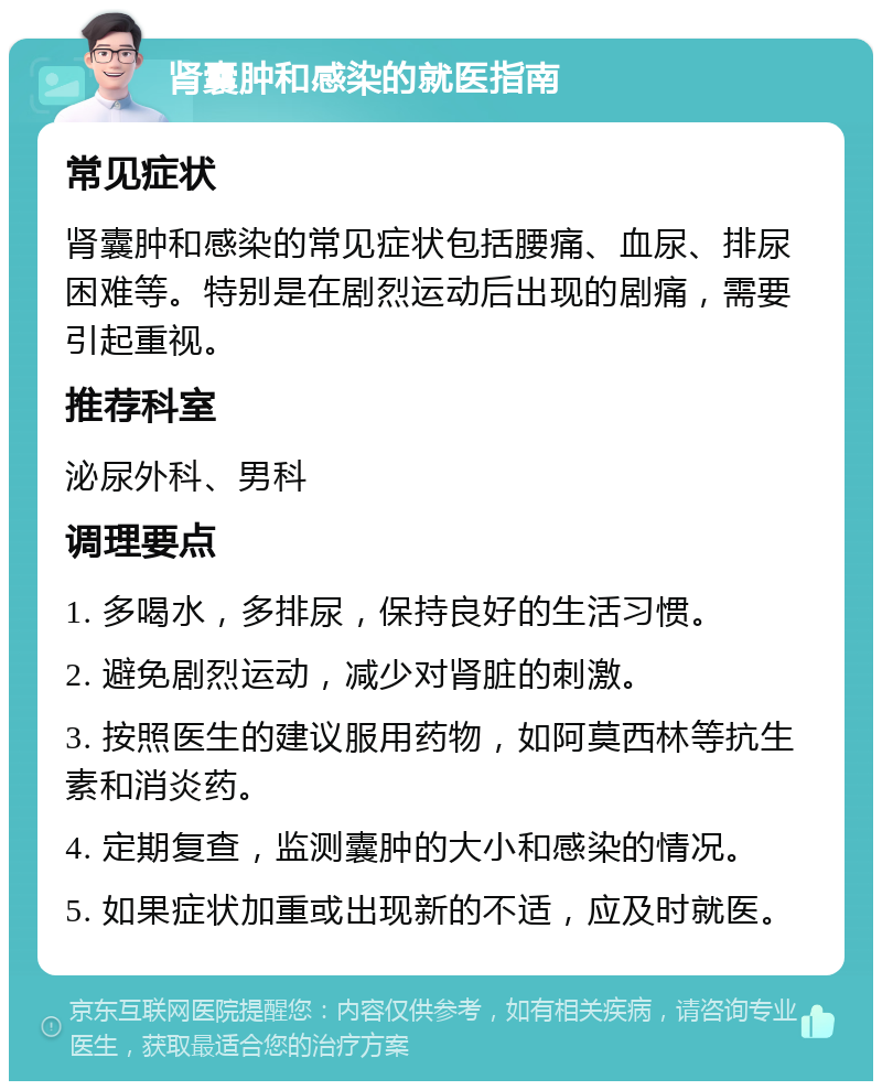 肾囊肿和感染的就医指南 常见症状 肾囊肿和感染的常见症状包括腰痛、血尿、排尿困难等。特别是在剧烈运动后出现的剧痛，需要引起重视。 推荐科室 泌尿外科、男科 调理要点 1. 多喝水，多排尿，保持良好的生活习惯。 2. 避免剧烈运动，减少对肾脏的刺激。 3. 按照医生的建议服用药物，如阿莫西林等抗生素和消炎药。 4. 定期复查，监测囊肿的大小和感染的情况。 5. 如果症状加重或出现新的不适，应及时就医。