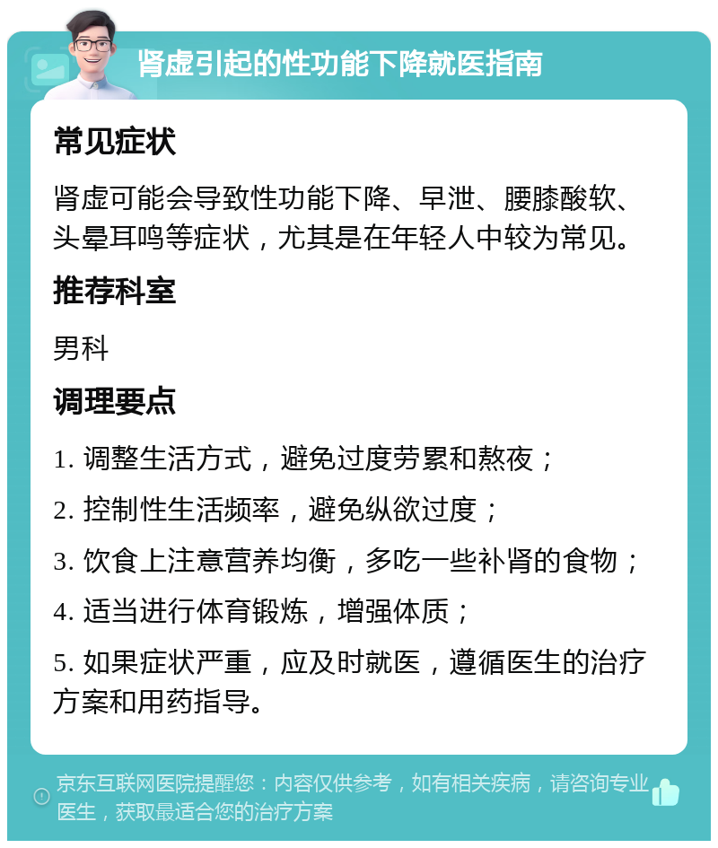 肾虚引起的性功能下降就医指南 常见症状 肾虚可能会导致性功能下降、早泄、腰膝酸软、头晕耳鸣等症状，尤其是在年轻人中较为常见。 推荐科室 男科 调理要点 1. 调整生活方式，避免过度劳累和熬夜； 2. 控制性生活频率，避免纵欲过度； 3. 饮食上注意营养均衡，多吃一些补肾的食物； 4. 适当进行体育锻炼，增强体质； 5. 如果症状严重，应及时就医，遵循医生的治疗方案和用药指导。