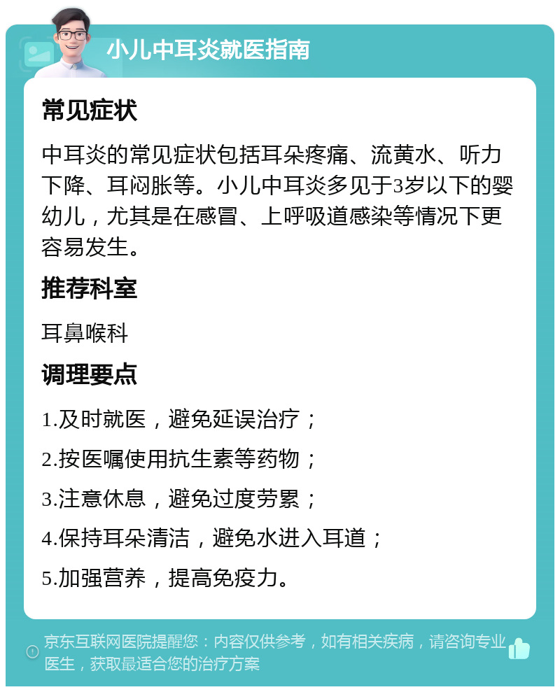 小儿中耳炎就医指南 常见症状 中耳炎的常见症状包括耳朵疼痛、流黄水、听力下降、耳闷胀等。小儿中耳炎多见于3岁以下的婴幼儿，尤其是在感冒、上呼吸道感染等情况下更容易发生。 推荐科室 耳鼻喉科 调理要点 1.及时就医，避免延误治疗； 2.按医嘱使用抗生素等药物； 3.注意休息，避免过度劳累； 4.保持耳朵清洁，避免水进入耳道； 5.加强营养，提高免疫力。