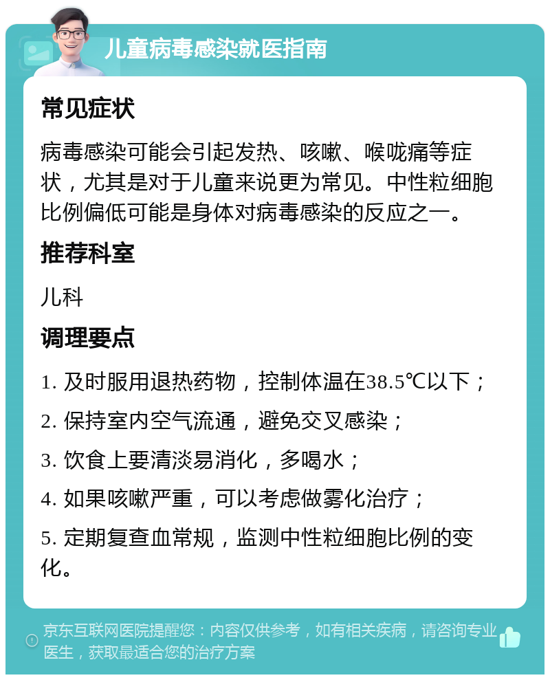 儿童病毒感染就医指南 常见症状 病毒感染可能会引起发热、咳嗽、喉咙痛等症状，尤其是对于儿童来说更为常见。中性粒细胞比例偏低可能是身体对病毒感染的反应之一。 推荐科室 儿科 调理要点 1. 及时服用退热药物，控制体温在38.5℃以下； 2. 保持室内空气流通，避免交叉感染； 3. 饮食上要清淡易消化，多喝水； 4. 如果咳嗽严重，可以考虑做雾化治疗； 5. 定期复查血常规，监测中性粒细胞比例的变化。