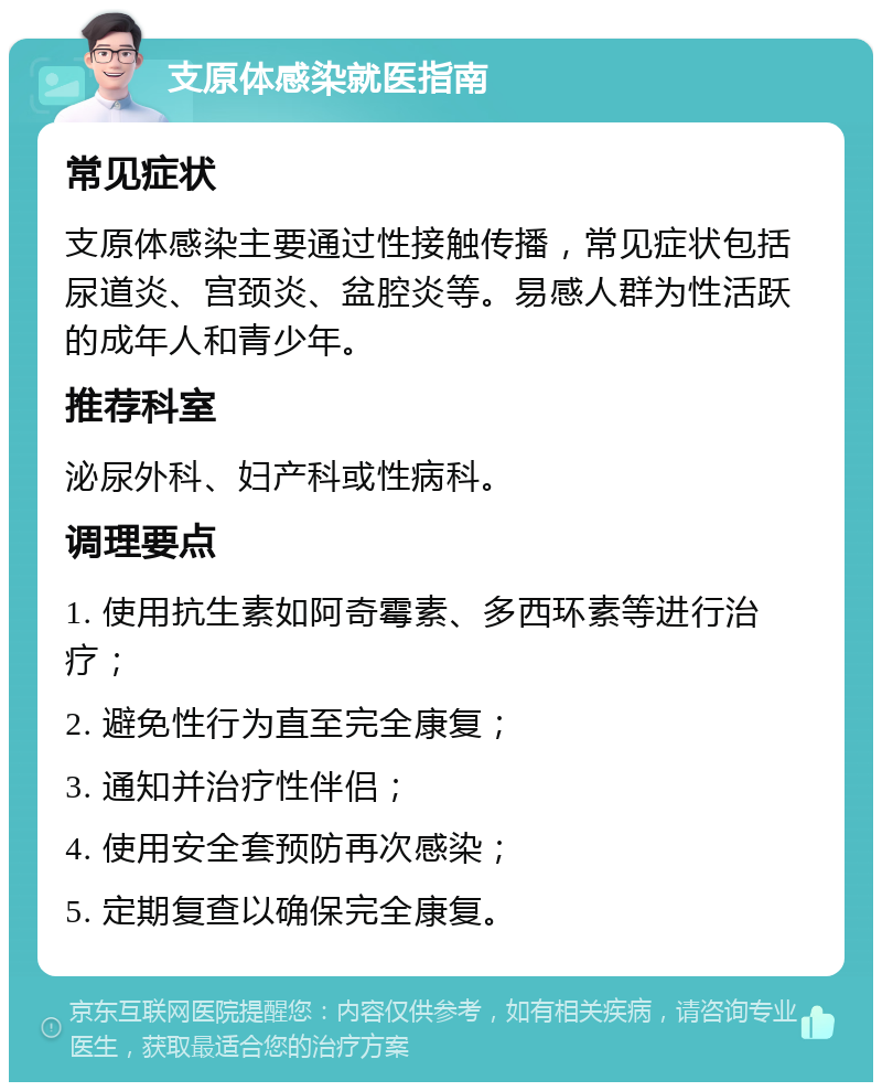 支原体感染就医指南 常见症状 支原体感染主要通过性接触传播，常见症状包括尿道炎、宫颈炎、盆腔炎等。易感人群为性活跃的成年人和青少年。 推荐科室 泌尿外科、妇产科或性病科。 调理要点 1. 使用抗生素如阿奇霉素、多西环素等进行治疗； 2. 避免性行为直至完全康复； 3. 通知并治疗性伴侣； 4. 使用安全套预防再次感染； 5. 定期复查以确保完全康复。