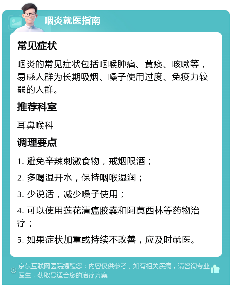 咽炎就医指南 常见症状 咽炎的常见症状包括咽喉肿痛、黄痰、咳嗽等，易感人群为长期吸烟、嗓子使用过度、免疫力较弱的人群。 推荐科室 耳鼻喉科 调理要点 1. 避免辛辣刺激食物，戒烟限酒； 2. 多喝温开水，保持咽喉湿润； 3. 少说话，减少嗓子使用； 4. 可以使用莲花清瘟胶囊和阿莫西林等药物治疗； 5. 如果症状加重或持续不改善，应及时就医。