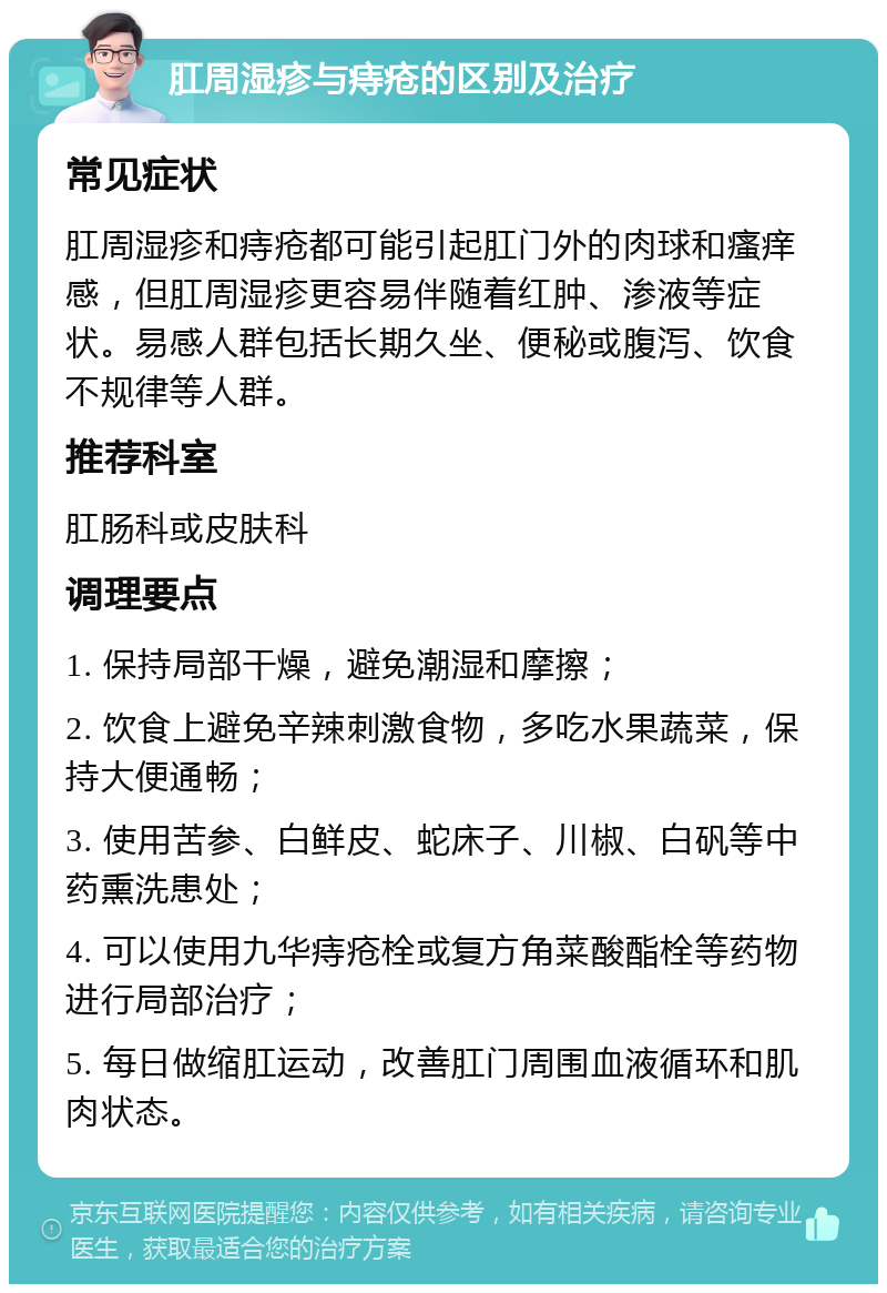 肛周湿疹与痔疮的区别及治疗 常见症状 肛周湿疹和痔疮都可能引起肛门外的肉球和瘙痒感，但肛周湿疹更容易伴随着红肿、渗液等症状。易感人群包括长期久坐、便秘或腹泻、饮食不规律等人群。 推荐科室 肛肠科或皮肤科 调理要点 1. 保持局部干燥，避免潮湿和摩擦； 2. 饮食上避免辛辣刺激食物，多吃水果蔬菜，保持大便通畅； 3. 使用苦参、白鲜皮、蛇床子、川椒、白矾等中药熏洗患处； 4. 可以使用九华痔疮栓或复方角菜酸酯栓等药物进行局部治疗； 5. 每日做缩肛运动，改善肛门周围血液循环和肌肉状态。