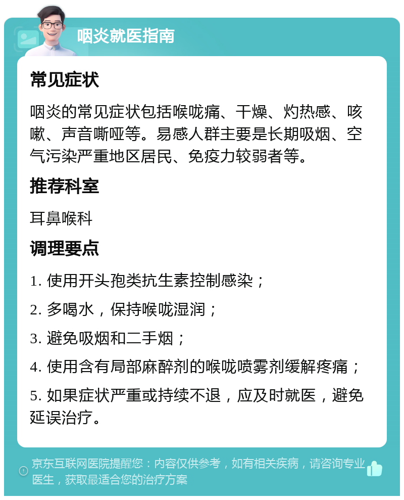 咽炎就医指南 常见症状 咽炎的常见症状包括喉咙痛、干燥、灼热感、咳嗽、声音嘶哑等。易感人群主要是长期吸烟、空气污染严重地区居民、免疫力较弱者等。 推荐科室 耳鼻喉科 调理要点 1. 使用开头孢类抗生素控制感染； 2. 多喝水，保持喉咙湿润； 3. 避免吸烟和二手烟； 4. 使用含有局部麻醉剂的喉咙喷雾剂缓解疼痛； 5. 如果症状严重或持续不退，应及时就医，避免延误治疗。