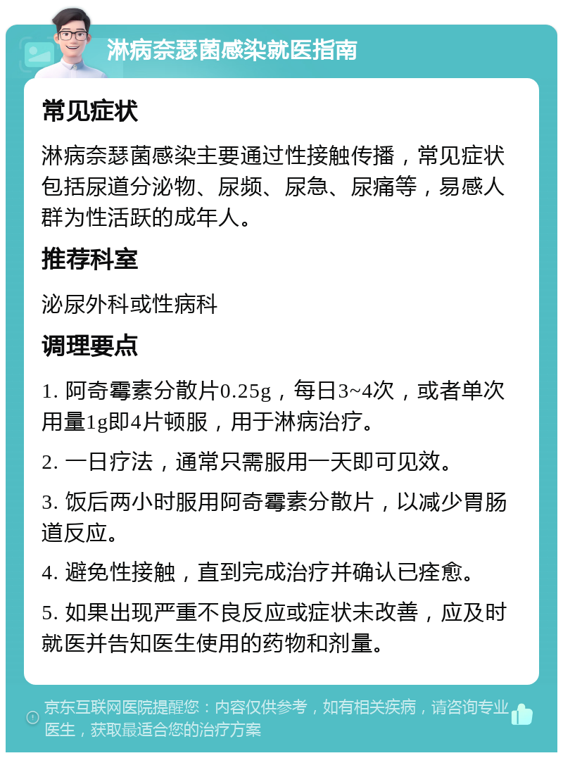 淋病奈瑟菌感染就医指南 常见症状 淋病奈瑟菌感染主要通过性接触传播，常见症状包括尿道分泌物、尿频、尿急、尿痛等，易感人群为性活跃的成年人。 推荐科室 泌尿外科或性病科 调理要点 1. 阿奇霉素分散片0.25g，每日3~4次，或者单次用量1g即4片顿服，用于淋病治疗。 2. 一日疗法，通常只需服用一天即可见效。 3. 饭后两小时服用阿奇霉素分散片，以减少胃肠道反应。 4. 避免性接触，直到完成治疗并确认已痊愈。 5. 如果出现严重不良反应或症状未改善，应及时就医并告知医生使用的药物和剂量。