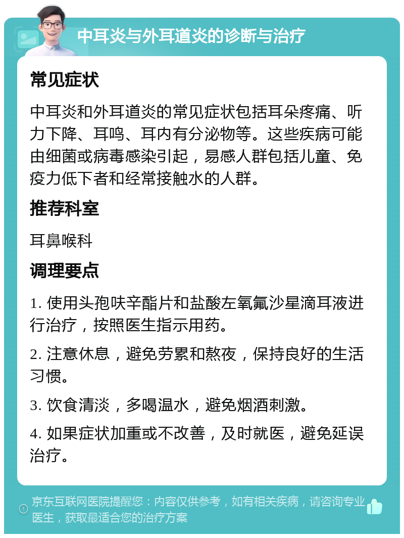 中耳炎与外耳道炎的诊断与治疗 常见症状 中耳炎和外耳道炎的常见症状包括耳朵疼痛、听力下降、耳鸣、耳内有分泌物等。这些疾病可能由细菌或病毒感染引起，易感人群包括儿童、免疫力低下者和经常接触水的人群。 推荐科室 耳鼻喉科 调理要点 1. 使用头孢呋辛酯片和盐酸左氧氟沙星滴耳液进行治疗，按照医生指示用药。 2. 注意休息，避免劳累和熬夜，保持良好的生活习惯。 3. 饮食清淡，多喝温水，避免烟酒刺激。 4. 如果症状加重或不改善，及时就医，避免延误治疗。