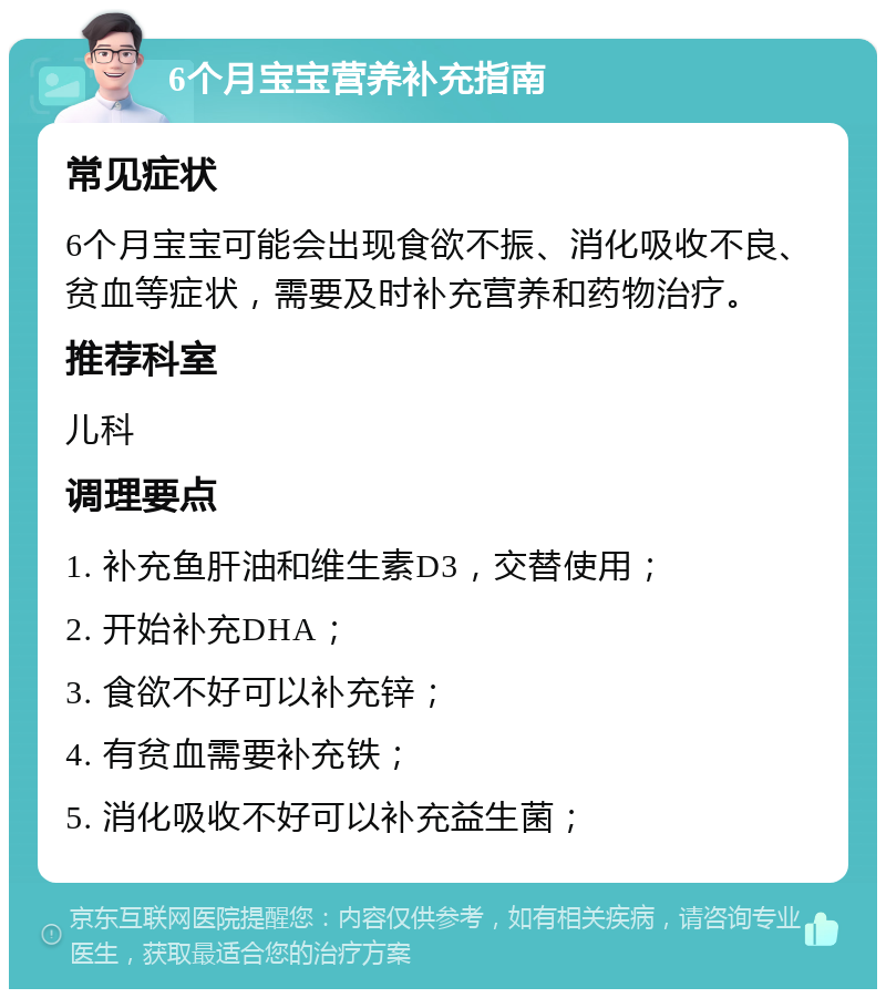 6个月宝宝营养补充指南 常见症状 6个月宝宝可能会出现食欲不振、消化吸收不良、贫血等症状，需要及时补充营养和药物治疗。 推荐科室 儿科 调理要点 1. 补充鱼肝油和维生素D3，交替使用； 2. 开始补充DHA； 3. 食欲不好可以补充锌； 4. 有贫血需要补充铁； 5. 消化吸收不好可以补充益生菌；