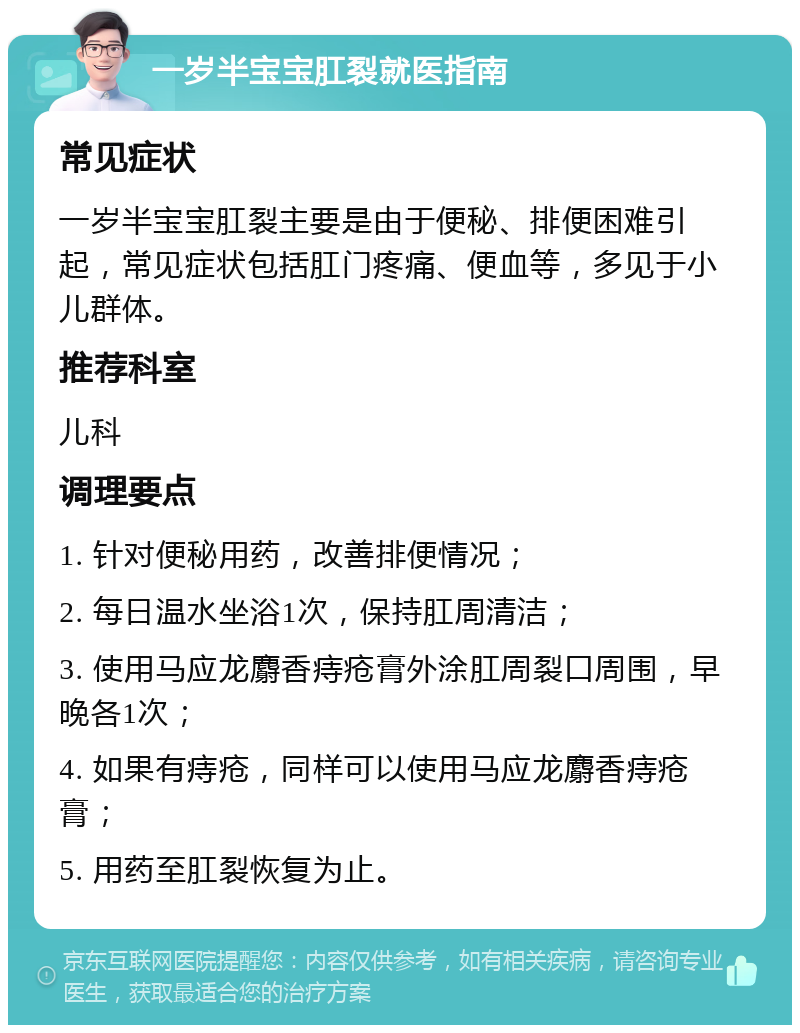 一岁半宝宝肛裂就医指南 常见症状 一岁半宝宝肛裂主要是由于便秘、排便困难引起，常见症状包括肛门疼痛、便血等，多见于小儿群体。 推荐科室 儿科 调理要点 1. 针对便秘用药，改善排便情况； 2. 每日温水坐浴1次，保持肛周清洁； 3. 使用马应龙麝香痔疮膏外涂肛周裂口周围，早晚各1次； 4. 如果有痔疮，同样可以使用马应龙麝香痔疮膏； 5. 用药至肛裂恢复为止。