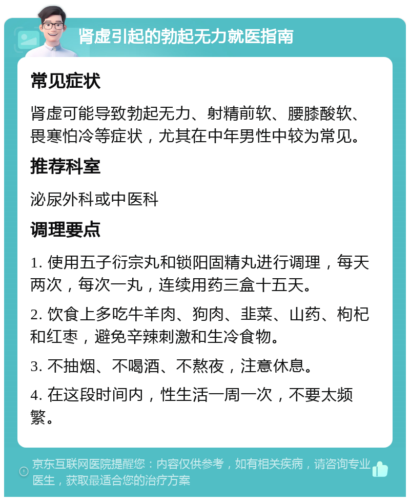 肾虚引起的勃起无力就医指南 常见症状 肾虚可能导致勃起无力、射精前软、腰膝酸软、畏寒怕冷等症状，尤其在中年男性中较为常见。 推荐科室 泌尿外科或中医科 调理要点 1. 使用五子衍宗丸和锁阳固精丸进行调理，每天两次，每次一丸，连续用药三盒十五天。 2. 饮食上多吃牛羊肉、狗肉、韭菜、山药、枸杞和红枣，避免辛辣刺激和生冷食物。 3. 不抽烟、不喝酒、不熬夜，注意休息。 4. 在这段时间内，性生活一周一次，不要太频繁。