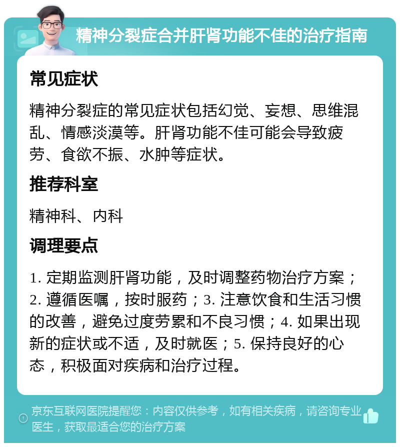 精神分裂症合并肝肾功能不佳的治疗指南 常见症状 精神分裂症的常见症状包括幻觉、妄想、思维混乱、情感淡漠等。肝肾功能不佳可能会导致疲劳、食欲不振、水肿等症状。 推荐科室 精神科、内科 调理要点 1. 定期监测肝肾功能，及时调整药物治疗方案；2. 遵循医嘱，按时服药；3. 注意饮食和生活习惯的改善，避免过度劳累和不良习惯；4. 如果出现新的症状或不适，及时就医；5. 保持良好的心态，积极面对疾病和治疗过程。