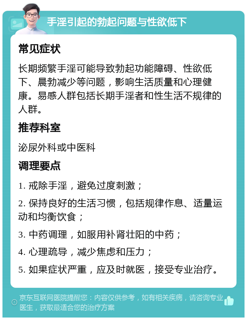 手淫引起的勃起问题与性欲低下 常见症状 长期频繁手淫可能导致勃起功能障碍、性欲低下、晨勃减少等问题，影响生活质量和心理健康。易感人群包括长期手淫者和性生活不规律的人群。 推荐科室 泌尿外科或中医科 调理要点 1. 戒除手淫，避免过度刺激； 2. 保持良好的生活习惯，包括规律作息、适量运动和均衡饮食； 3. 中药调理，如服用补肾壮阳的中药； 4. 心理疏导，减少焦虑和压力； 5. 如果症状严重，应及时就医，接受专业治疗。