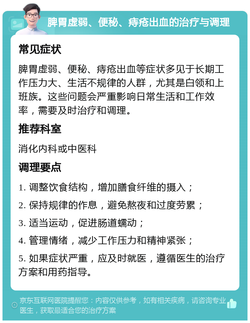 脾胃虚弱、便秘、痔疮出血的治疗与调理 常见症状 脾胃虚弱、便秘、痔疮出血等症状多见于长期工作压力大、生活不规律的人群，尤其是白领和上班族。这些问题会严重影响日常生活和工作效率，需要及时治疗和调理。 推荐科室 消化内科或中医科 调理要点 1. 调整饮食结构，增加膳食纤维的摄入； 2. 保持规律的作息，避免熬夜和过度劳累； 3. 适当运动，促进肠道蠕动； 4. 管理情绪，减少工作压力和精神紧张； 5. 如果症状严重，应及时就医，遵循医生的治疗方案和用药指导。