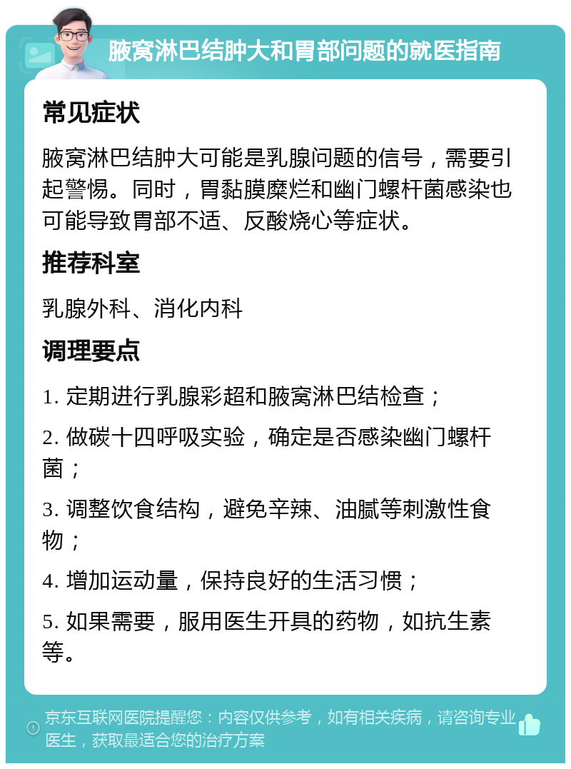 腋窝淋巴结肿大和胃部问题的就医指南 常见症状 腋窝淋巴结肿大可能是乳腺问题的信号，需要引起警惕。同时，胃黏膜糜烂和幽门螺杆菌感染也可能导致胃部不适、反酸烧心等症状。 推荐科室 乳腺外科、消化内科 调理要点 1. 定期进行乳腺彩超和腋窝淋巴结检查； 2. 做碳十四呼吸实验，确定是否感染幽门螺杆菌； 3. 调整饮食结构，避免辛辣、油腻等刺激性食物； 4. 增加运动量，保持良好的生活习惯； 5. 如果需要，服用医生开具的药物，如抗生素等。