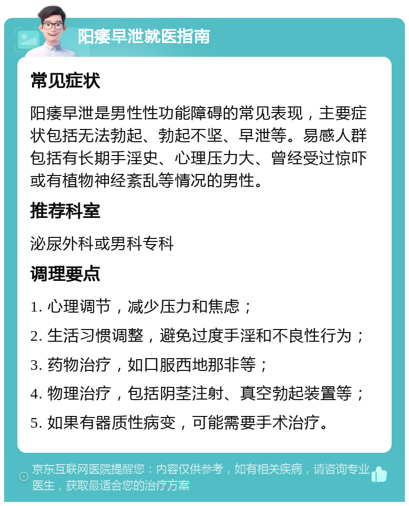 阳痿早泄就医指南 常见症状 阳痿早泄是男性性功能障碍的常见表现，主要症状包括无法勃起、勃起不坚、早泄等。易感人群包括有长期手淫史、心理压力大、曾经受过惊吓或有植物神经紊乱等情况的男性。 推荐科室 泌尿外科或男科专科 调理要点 1. 心理调节，减少压力和焦虑； 2. 生活习惯调整，避免过度手淫和不良性行为； 3. 药物治疗，如口服西地那非等； 4. 物理治疗，包括阴茎注射、真空勃起装置等； 5. 如果有器质性病变，可能需要手术治疗。