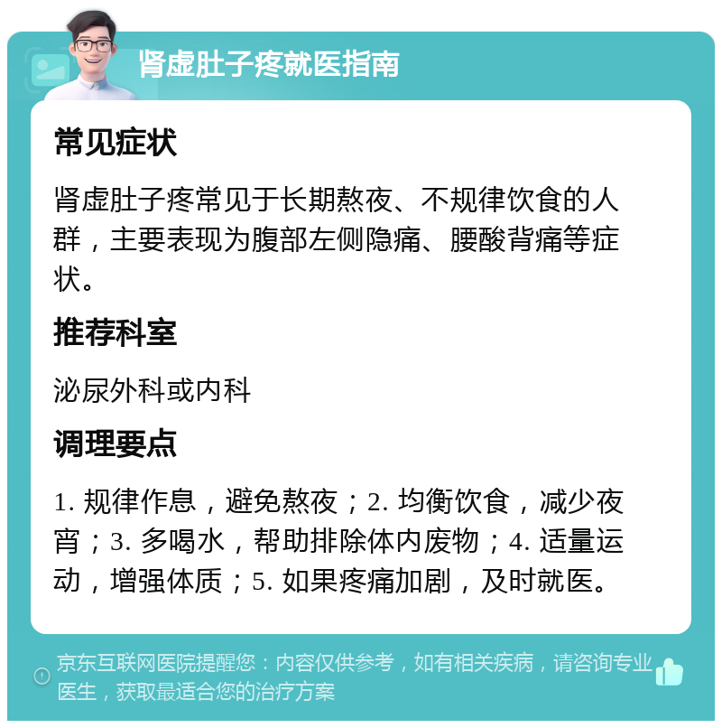 肾虚肚子疼就医指南 常见症状 肾虚肚子疼常见于长期熬夜、不规律饮食的人群，主要表现为腹部左侧隐痛、腰酸背痛等症状。 推荐科室 泌尿外科或内科 调理要点 1. 规律作息，避免熬夜；2. 均衡饮食，减少夜宵；3. 多喝水，帮助排除体内废物；4. 适量运动，增强体质；5. 如果疼痛加剧，及时就医。