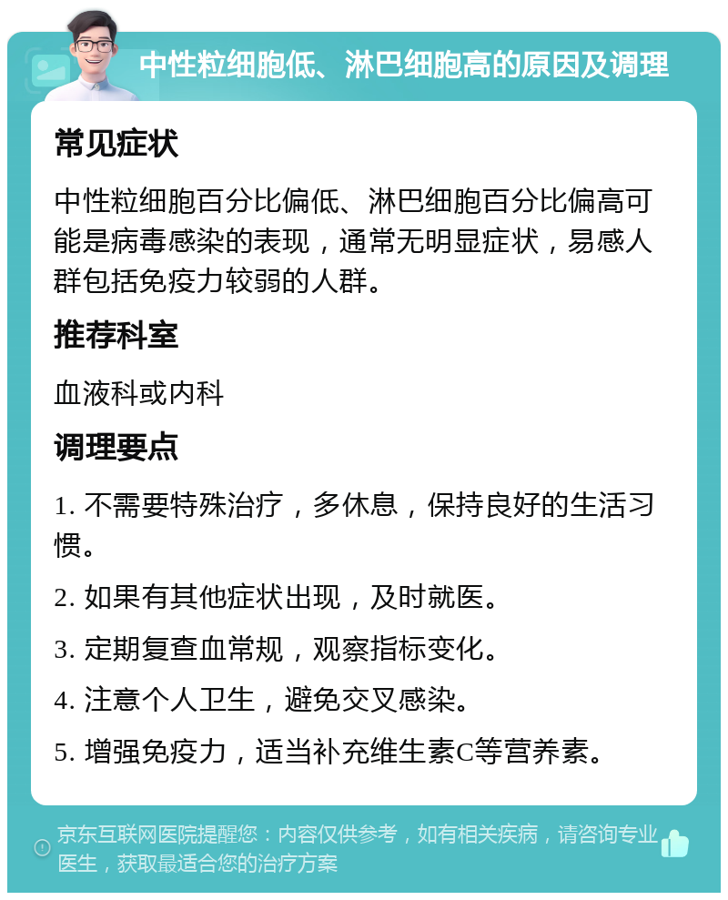 中性粒细胞低、淋巴细胞高的原因及调理 常见症状 中性粒细胞百分比偏低、淋巴细胞百分比偏高可能是病毒感染的表现，通常无明显症状，易感人群包括免疫力较弱的人群。 推荐科室 血液科或内科 调理要点 1. 不需要特殊治疗，多休息，保持良好的生活习惯。 2. 如果有其他症状出现，及时就医。 3. 定期复查血常规，观察指标变化。 4. 注意个人卫生，避免交叉感染。 5. 增强免疫力，适当补充维生素C等营养素。