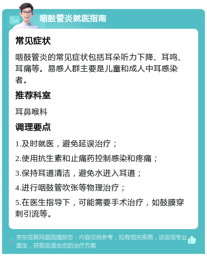 咽鼓管炎就医指南 常见症状 咽鼓管炎的常见症状包括耳朵听力下降、耳鸣、耳痛等。易感人群主要是儿童和成人中耳感染者。 推荐科室 耳鼻喉科 调理要点 1.及时就医，避免延误治疗； 2.使用抗生素和止痛药控制感染和疼痛； 3.保持耳道清洁，避免水进入耳道； 4.进行咽鼓管吹张等物理治疗； 5.在医生指导下，可能需要手术治疗，如鼓膜穿刺引流等。