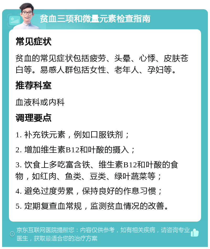 贫血三项和微量元素检查指南 常见症状 贫血的常见症状包括疲劳、头晕、心悸、皮肤苍白等。易感人群包括女性、老年人、孕妇等。 推荐科室 血液科或内科 调理要点 1. 补充铁元素，例如口服铁剂； 2. 增加维生素B12和叶酸的摄入； 3. 饮食上多吃富含铁、维生素B12和叶酸的食物，如红肉、鱼类、豆类、绿叶蔬菜等； 4. 避免过度劳累，保持良好的作息习惯； 5. 定期复查血常规，监测贫血情况的改善。