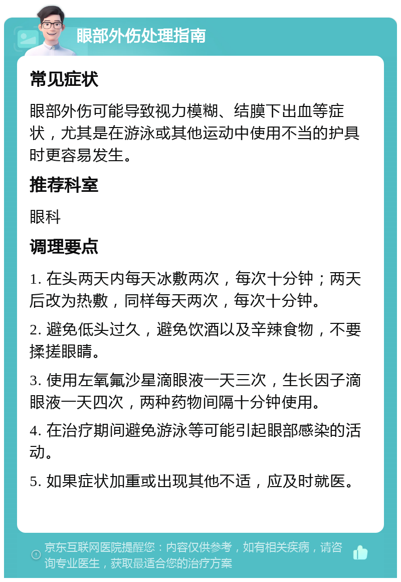 眼部外伤处理指南 常见症状 眼部外伤可能导致视力模糊、结膜下出血等症状，尤其是在游泳或其他运动中使用不当的护具时更容易发生。 推荐科室 眼科 调理要点 1. 在头两天内每天冰敷两次，每次十分钟；两天后改为热敷，同样每天两次，每次十分钟。 2. 避免低头过久，避免饮酒以及辛辣食物，不要揉搓眼睛。 3. 使用左氧氟沙星滴眼液一天三次，生长因子滴眼液一天四次，两种药物间隔十分钟使用。 4. 在治疗期间避免游泳等可能引起眼部感染的活动。 5. 如果症状加重或出现其他不适，应及时就医。