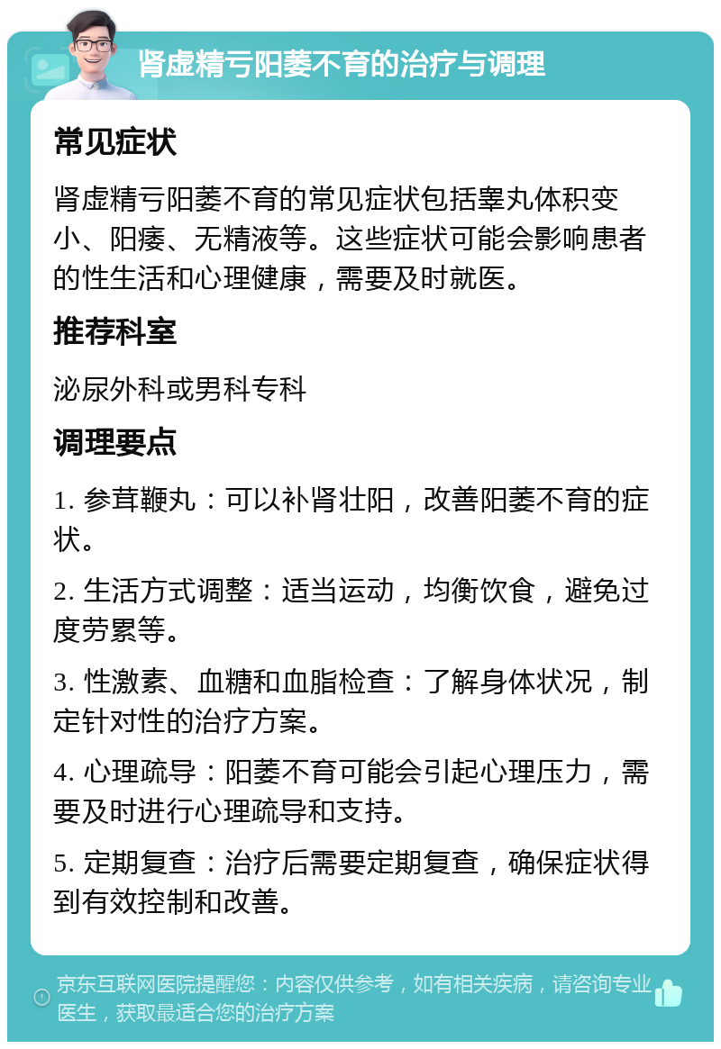 肾虚精亏阳萎不育的治疗与调理 常见症状 肾虚精亏阳萎不育的常见症状包括睾丸体积变小、阳痿、无精液等。这些症状可能会影响患者的性生活和心理健康，需要及时就医。 推荐科室 泌尿外科或男科专科 调理要点 1. 参茸鞭丸：可以补肾壮阳，改善阳萎不育的症状。 2. 生活方式调整：适当运动，均衡饮食，避免过度劳累等。 3. 性激素、血糖和血脂检查：了解身体状况，制定针对性的治疗方案。 4. 心理疏导：阳萎不育可能会引起心理压力，需要及时进行心理疏导和支持。 5. 定期复查：治疗后需要定期复查，确保症状得到有效控制和改善。