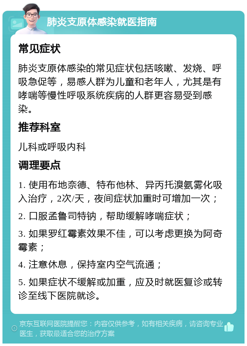 肺炎支原体感染就医指南 常见症状 肺炎支原体感染的常见症状包括咳嗽、发烧、呼吸急促等，易感人群为儿童和老年人，尤其是有哮喘等慢性呼吸系统疾病的人群更容易受到感染。 推荐科室 儿科或呼吸内科 调理要点 1. 使用布地奈德、特布他林、异丙托溴氨雾化吸入治疗，2次/天，夜间症状加重时可增加一次； 2. 口服孟鲁司特钠，帮助缓解哮喘症状； 3. 如果罗红霉素效果不佳，可以考虑更换为阿奇霉素； 4. 注意休息，保持室内空气流通； 5. 如果症状不缓解或加重，应及时就医复诊或转诊至线下医院就诊。