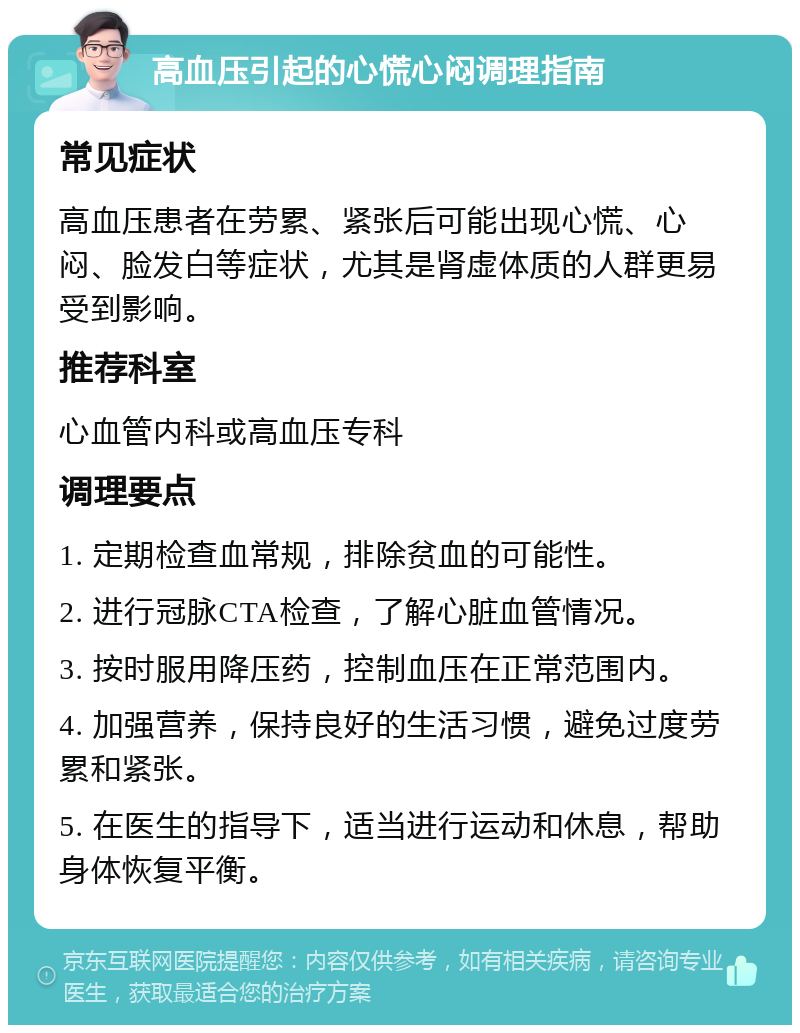 高血压引起的心慌心闷调理指南 常见症状 高血压患者在劳累、紧张后可能出现心慌、心闷、脸发白等症状，尤其是肾虚体质的人群更易受到影响。 推荐科室 心血管内科或高血压专科 调理要点 1. 定期检查血常规，排除贫血的可能性。 2. 进行冠脉CTA检查，了解心脏血管情况。 3. 按时服用降压药，控制血压在正常范围内。 4. 加强营养，保持良好的生活习惯，避免过度劳累和紧张。 5. 在医生的指导下，适当进行运动和休息，帮助身体恢复平衡。