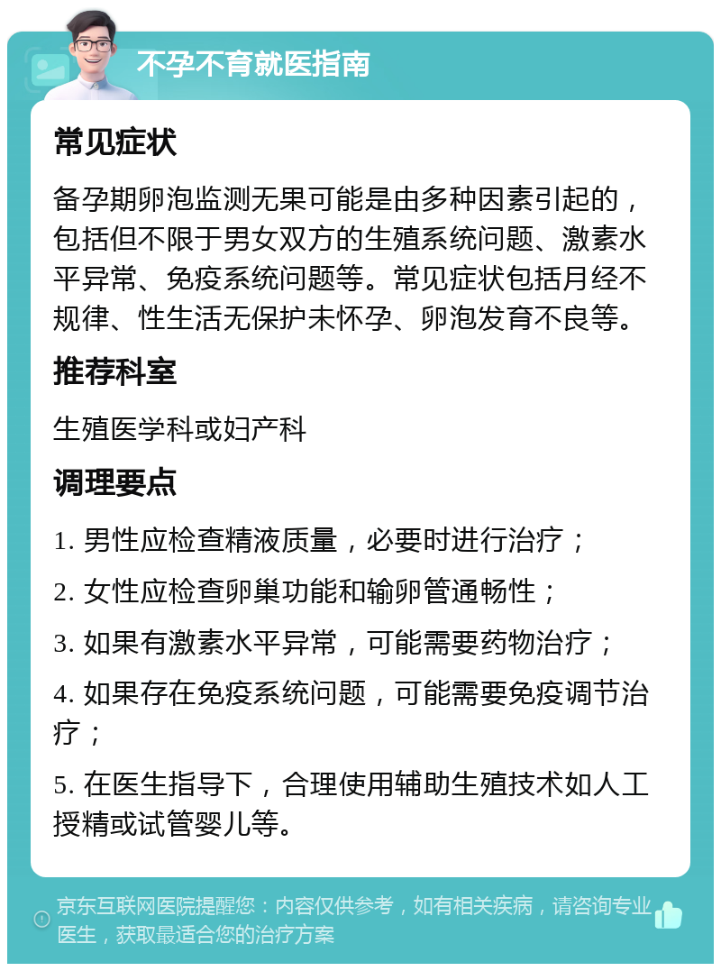 不孕不育就医指南 常见症状 备孕期卵泡监测无果可能是由多种因素引起的，包括但不限于男女双方的生殖系统问题、激素水平异常、免疫系统问题等。常见症状包括月经不规律、性生活无保护未怀孕、卵泡发育不良等。 推荐科室 生殖医学科或妇产科 调理要点 1. 男性应检查精液质量，必要时进行治疗； 2. 女性应检查卵巢功能和输卵管通畅性； 3. 如果有激素水平异常，可能需要药物治疗； 4. 如果存在免疫系统问题，可能需要免疫调节治疗； 5. 在医生指导下，合理使用辅助生殖技术如人工授精或试管婴儿等。