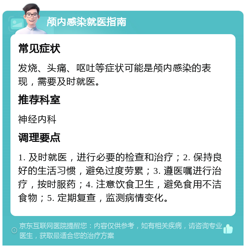 颅内感染就医指南 常见症状 发烧、头痛、呕吐等症状可能是颅内感染的表现，需要及时就医。 推荐科室 神经内科 调理要点 1. 及时就医，进行必要的检查和治疗；2. 保持良好的生活习惯，避免过度劳累；3. 遵医嘱进行治疗，按时服药；4. 注意饮食卫生，避免食用不洁食物；5. 定期复查，监测病情变化。