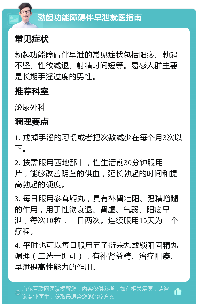 勃起功能障碍伴早泄就医指南 常见症状 勃起功能障碍伴早泄的常见症状包括阳痿、勃起不坚、性欲减退、射精时间短等。易感人群主要是长期手淫过度的男性。 推荐科室 泌尿外科 调理要点 1. 戒掉手淫的习惯或者把次数减少在每个月3次以下。 2. 按需服用西地那非，性生活前30分钟服用一片，能够改善阴茎的供血，延长勃起的时间和提高勃起的硬度。 3. 每日服用参茸鞭丸，具有补肾壮阳、强精增髓的作用，用于性欲衰退、肾虚、气弱、阳痿早泄，每次10粒，一日两次。连续服用15天为一个疗程。 4. 平时也可以每日服用五子衍宗丸或锁阳固精丸调理（二选一即可），有补肾益精、治疗阳痿、早泄提高性能力的作用。