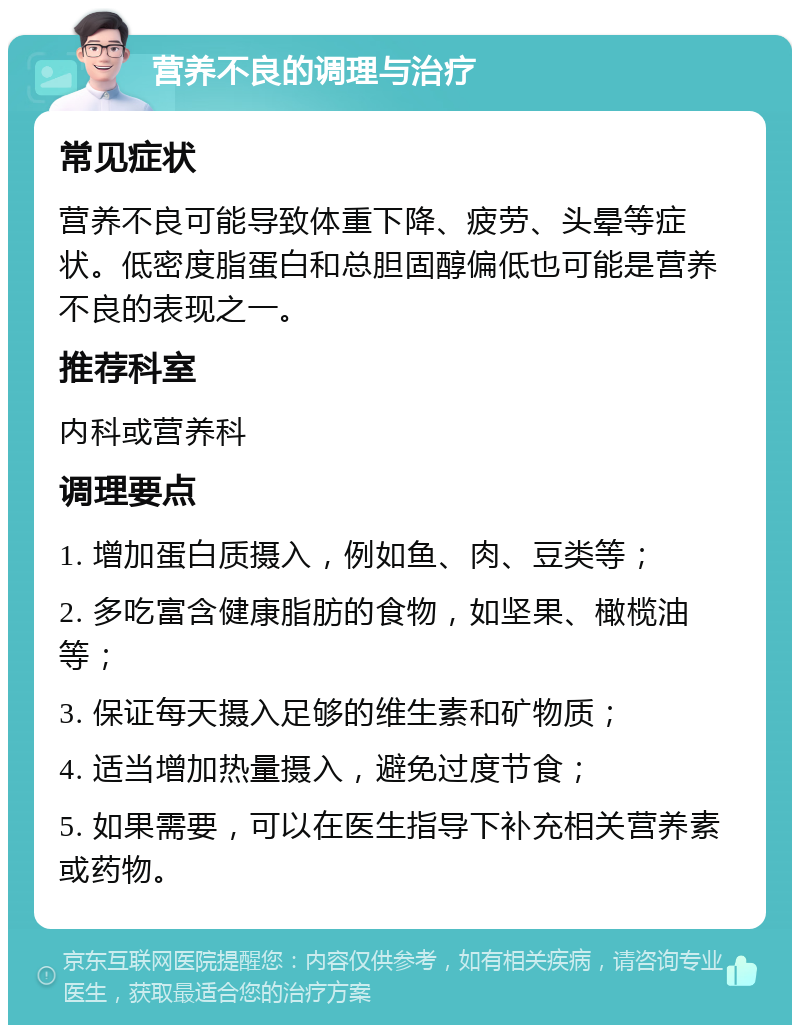 营养不良的调理与治疗 常见症状 营养不良可能导致体重下降、疲劳、头晕等症状。低密度脂蛋白和总胆固醇偏低也可能是营养不良的表现之一。 推荐科室 内科或营养科 调理要点 1. 增加蛋白质摄入，例如鱼、肉、豆类等； 2. 多吃富含健康脂肪的食物，如坚果、橄榄油等； 3. 保证每天摄入足够的维生素和矿物质； 4. 适当增加热量摄入，避免过度节食； 5. 如果需要，可以在医生指导下补充相关营养素或药物。