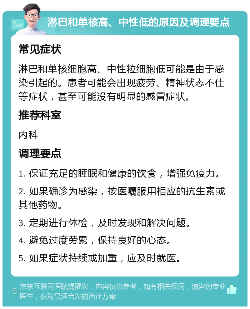 淋巴和单核高、中性低的原因及调理要点 常见症状 淋巴和单核细胞高、中性粒细胞低可能是由于感染引起的。患者可能会出现疲劳、精神状态不佳等症状，甚至可能没有明显的感冒症状。 推荐科室 内科 调理要点 1. 保证充足的睡眠和健康的饮食，增强免疫力。 2. 如果确诊为感染，按医嘱服用相应的抗生素或其他药物。 3. 定期进行体检，及时发现和解决问题。 4. 避免过度劳累，保持良好的心态。 5. 如果症状持续或加重，应及时就医。