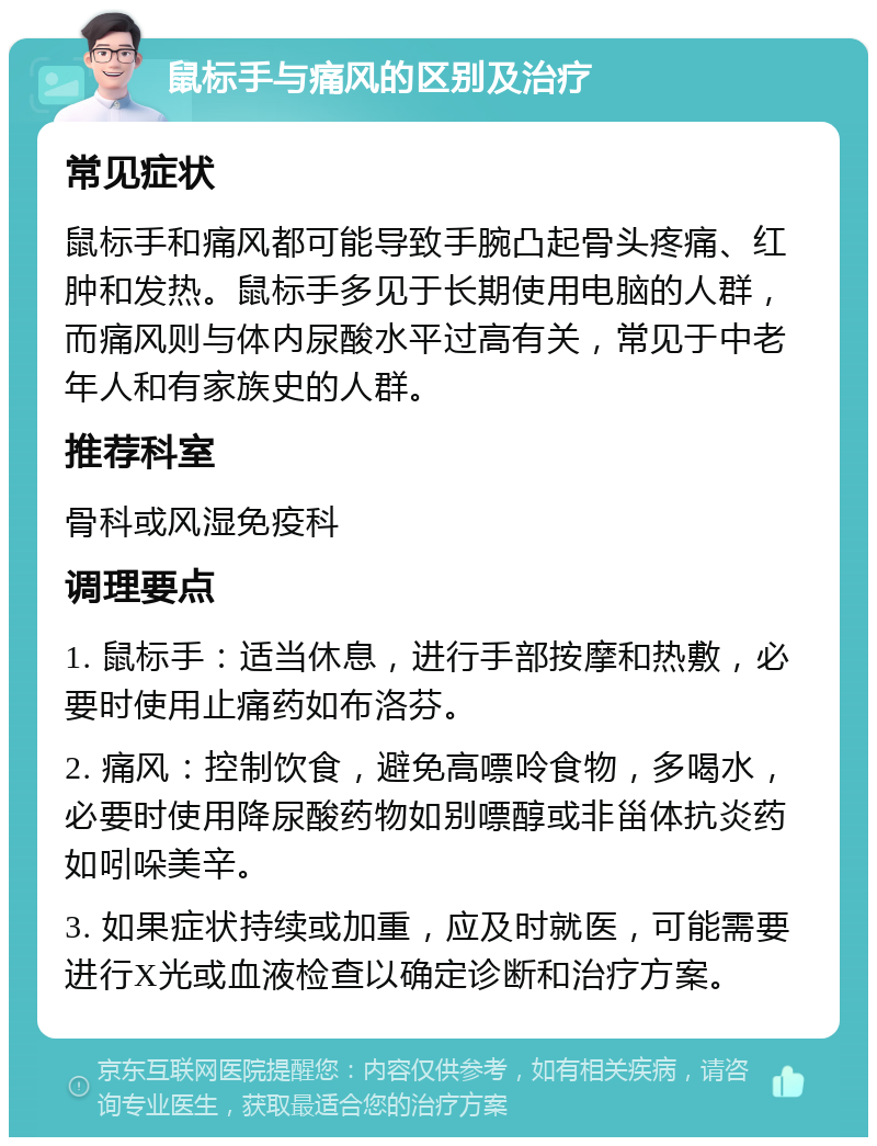 鼠标手与痛风的区别及治疗 常见症状 鼠标手和痛风都可能导致手腕凸起骨头疼痛、红肿和发热。鼠标手多见于长期使用电脑的人群，而痛风则与体内尿酸水平过高有关，常见于中老年人和有家族史的人群。 推荐科室 骨科或风湿免疫科 调理要点 1. 鼠标手：适当休息，进行手部按摩和热敷，必要时使用止痛药如布洛芬。 2. 痛风：控制饮食，避免高嘌呤食物，多喝水，必要时使用降尿酸药物如别嘌醇或非甾体抗炎药如吲哚美辛。 3. 如果症状持续或加重，应及时就医，可能需要进行X光或血液检查以确定诊断和治疗方案。