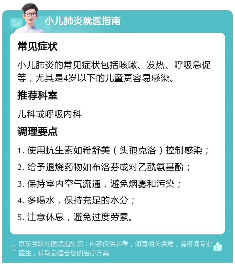 小儿肺炎就医指南 常见症状 小儿肺炎的常见症状包括咳嗽、发热、呼吸急促等，尤其是4岁以下的儿童更容易感染。 推荐科室 儿科或呼吸内科 调理要点 1. 使用抗生素如希舒美（头孢克洛）控制感染； 2. 给予退烧药物如布洛芬或对乙酰氨基酚； 3. 保持室内空气流通，避免烟雾和污染； 4. 多喝水，保持充足的水分； 5. 注意休息，避免过度劳累。