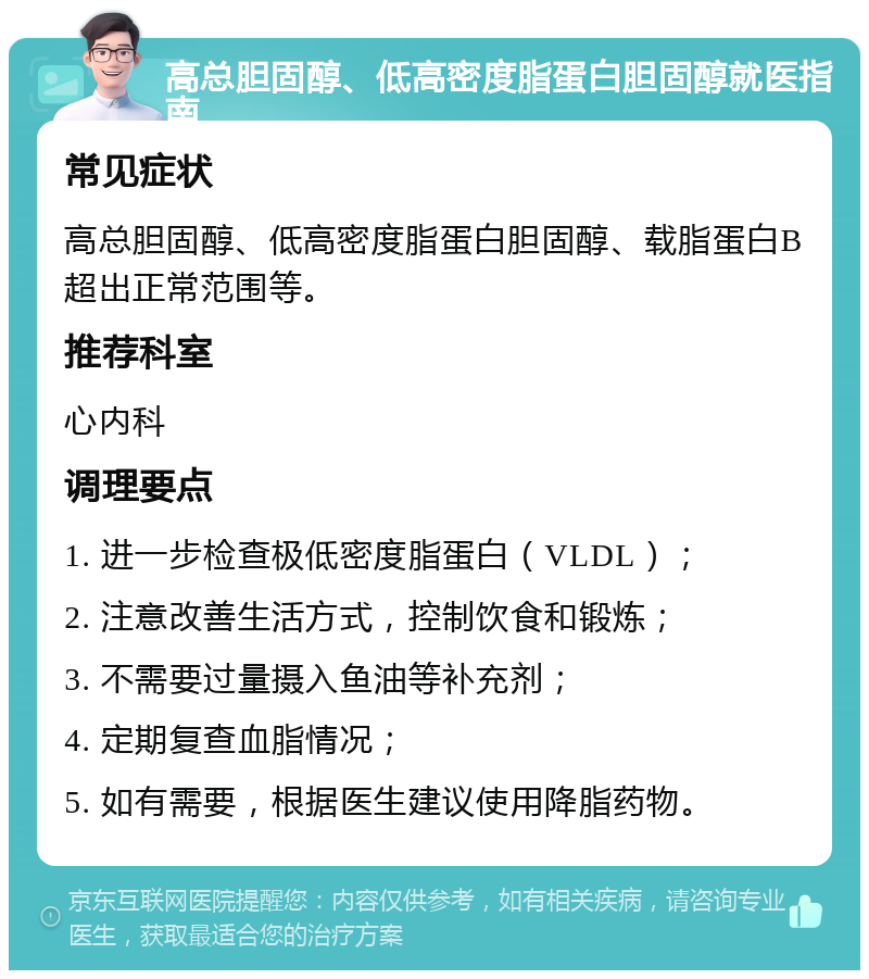 高总胆固醇、低高密度脂蛋白胆固醇就医指南 常见症状 高总胆固醇、低高密度脂蛋白胆固醇、载脂蛋白B超出正常范围等。 推荐科室 心内科 调理要点 1. 进一步检查极低密度脂蛋白（VLDL）； 2. 注意改善生活方式，控制饮食和锻炼； 3. 不需要过量摄入鱼油等补充剂； 4. 定期复查血脂情况； 5. 如有需要，根据医生建议使用降脂药物。