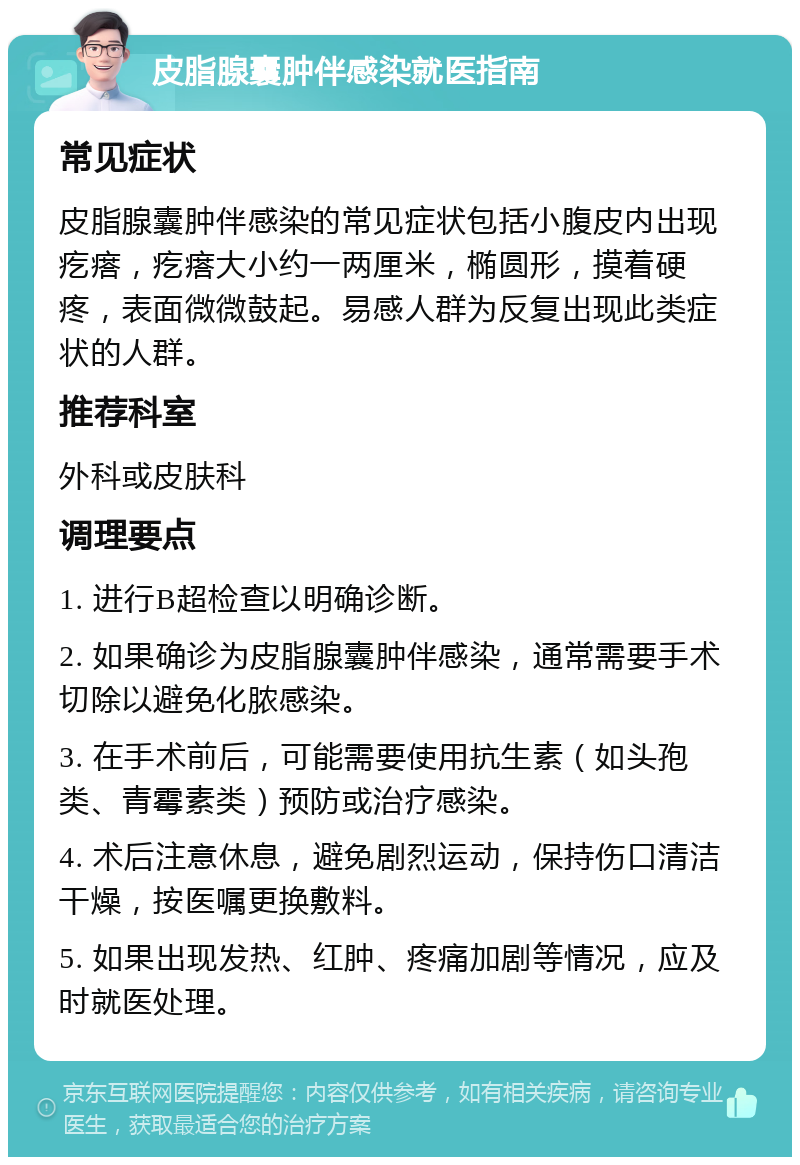 皮脂腺囊肿伴感染就医指南 常见症状 皮脂腺囊肿伴感染的常见症状包括小腹皮内出现疙瘩，疙瘩大小约一两厘米，椭圆形，摸着硬疼，表面微微鼓起。易感人群为反复出现此类症状的人群。 推荐科室 外科或皮肤科 调理要点 1. 进行B超检查以明确诊断。 2. 如果确诊为皮脂腺囊肿伴感染，通常需要手术切除以避免化脓感染。 3. 在手术前后，可能需要使用抗生素（如头孢类、青霉素类）预防或治疗感染。 4. 术后注意休息，避免剧烈运动，保持伤口清洁干燥，按医嘱更换敷料。 5. 如果出现发热、红肿、疼痛加剧等情况，应及时就医处理。