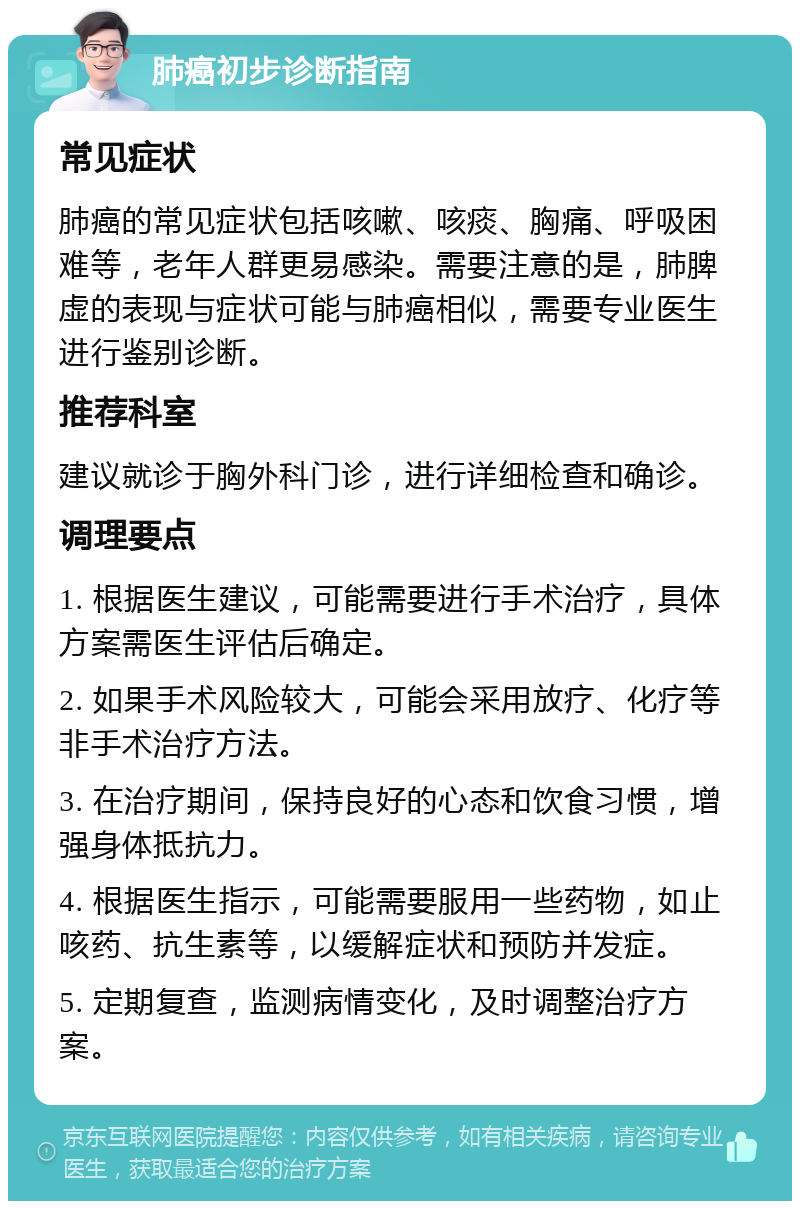 肺癌初步诊断指南 常见症状 肺癌的常见症状包括咳嗽、咳痰、胸痛、呼吸困难等，老年人群更易感染。需要注意的是，肺脾虚的表现与症状可能与肺癌相似，需要专业医生进行鉴别诊断。 推荐科室 建议就诊于胸外科门诊，进行详细检查和确诊。 调理要点 1. 根据医生建议，可能需要进行手术治疗，具体方案需医生评估后确定。 2. 如果手术风险较大，可能会采用放疗、化疗等非手术治疗方法。 3. 在治疗期间，保持良好的心态和饮食习惯，增强身体抵抗力。 4. 根据医生指示，可能需要服用一些药物，如止咳药、抗生素等，以缓解症状和预防并发症。 5. 定期复查，监测病情变化，及时调整治疗方案。