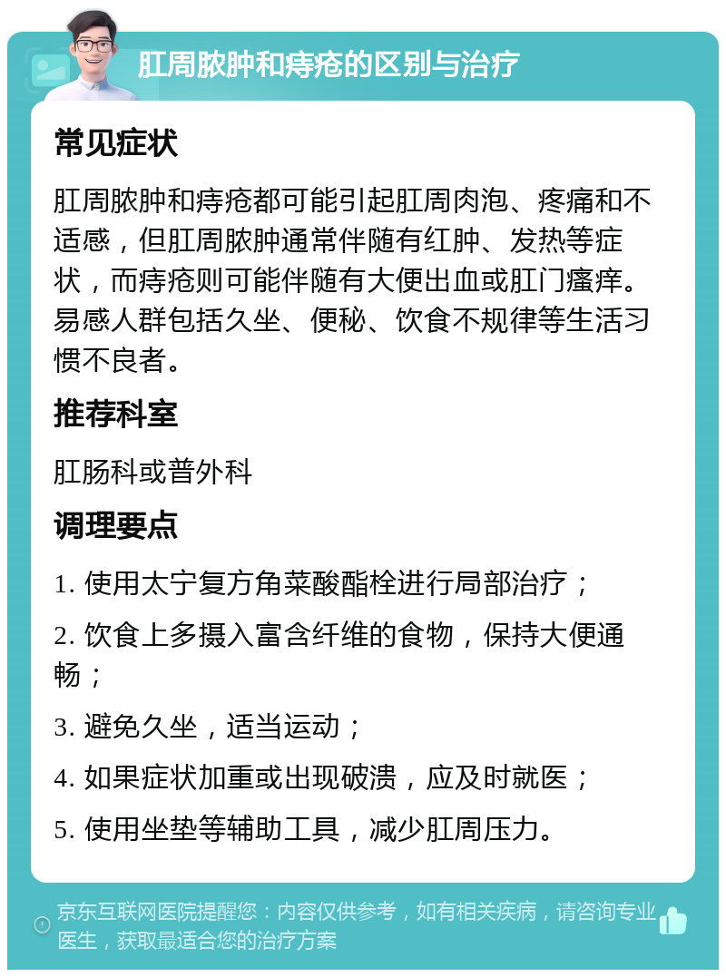 肛周脓肿和痔疮的区别与治疗 常见症状 肛周脓肿和痔疮都可能引起肛周肉泡、疼痛和不适感，但肛周脓肿通常伴随有红肿、发热等症状，而痔疮则可能伴随有大便出血或肛门瘙痒。易感人群包括久坐、便秘、饮食不规律等生活习惯不良者。 推荐科室 肛肠科或普外科 调理要点 1. 使用太宁复方角菜酸酯栓进行局部治疗； 2. 饮食上多摄入富含纤维的食物，保持大便通畅； 3. 避免久坐，适当运动； 4. 如果症状加重或出现破溃，应及时就医； 5. 使用坐垫等辅助工具，减少肛周压力。