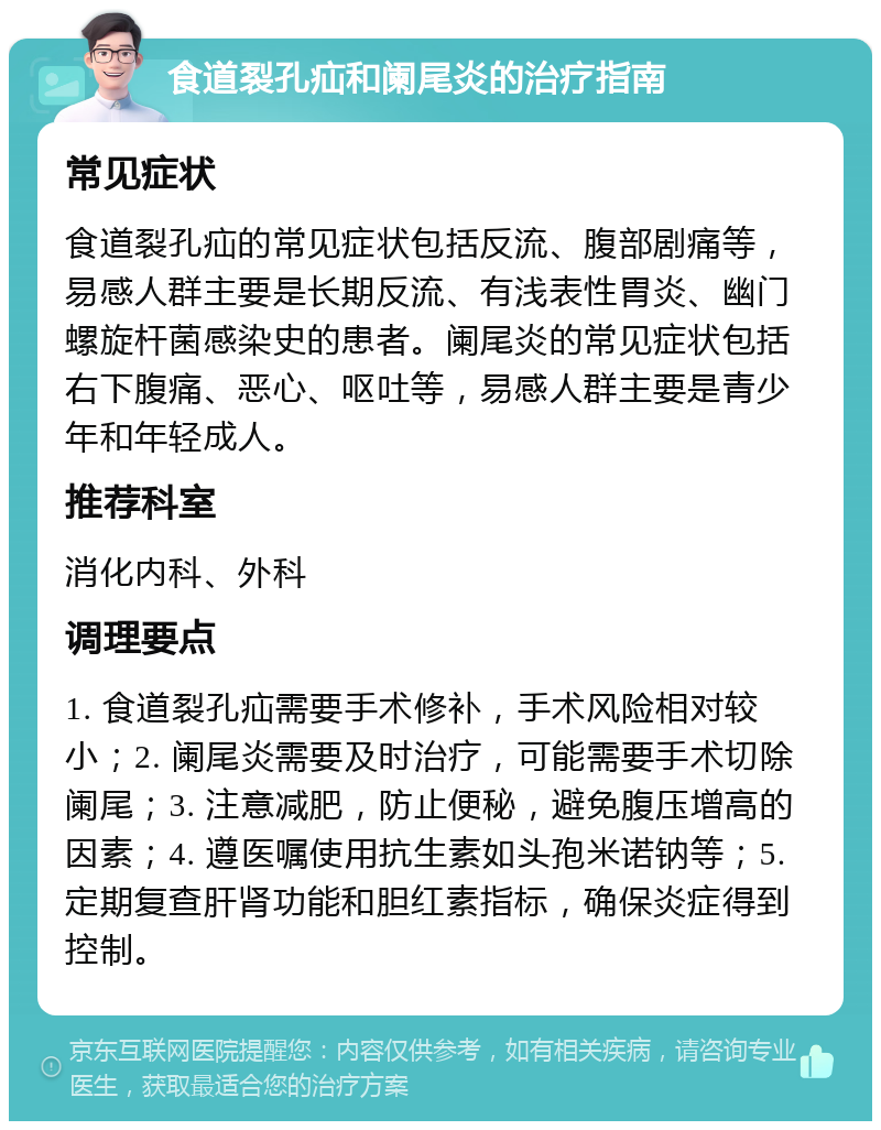 食道裂孔疝和阑尾炎的治疗指南 常见症状 食道裂孔疝的常见症状包括反流、腹部剧痛等，易感人群主要是长期反流、有浅表性胃炎、幽门螺旋杆菌感染史的患者。阑尾炎的常见症状包括右下腹痛、恶心、呕吐等，易感人群主要是青少年和年轻成人。 推荐科室 消化内科、外科 调理要点 1. 食道裂孔疝需要手术修补，手术风险相对较小；2. 阑尾炎需要及时治疗，可能需要手术切除阑尾；3. 注意减肥，防止便秘，避免腹压增高的因素；4. 遵医嘱使用抗生素如头孢米诺钠等；5. 定期复查肝肾功能和胆红素指标，确保炎症得到控制。