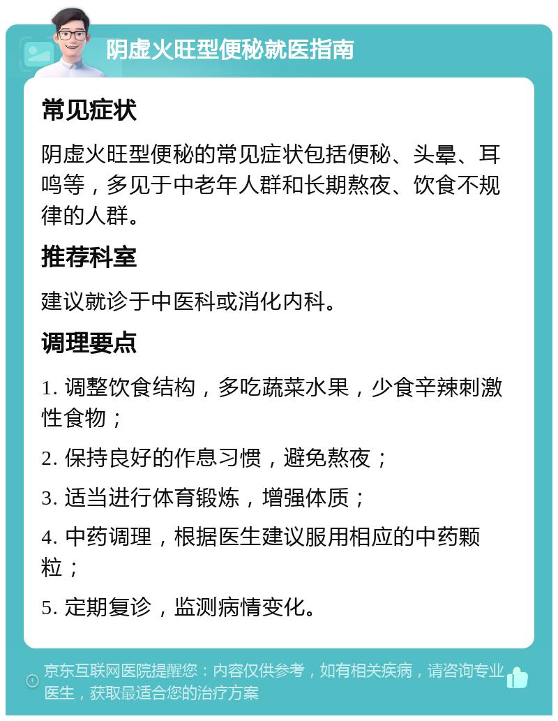 阴虚火旺型便秘就医指南 常见症状 阴虚火旺型便秘的常见症状包括便秘、头晕、耳鸣等，多见于中老年人群和长期熬夜、饮食不规律的人群。 推荐科室 建议就诊于中医科或消化内科。 调理要点 1. 调整饮食结构，多吃蔬菜水果，少食辛辣刺激性食物； 2. 保持良好的作息习惯，避免熬夜； 3. 适当进行体育锻炼，增强体质； 4. 中药调理，根据医生建议服用相应的中药颗粒； 5. 定期复诊，监测病情变化。