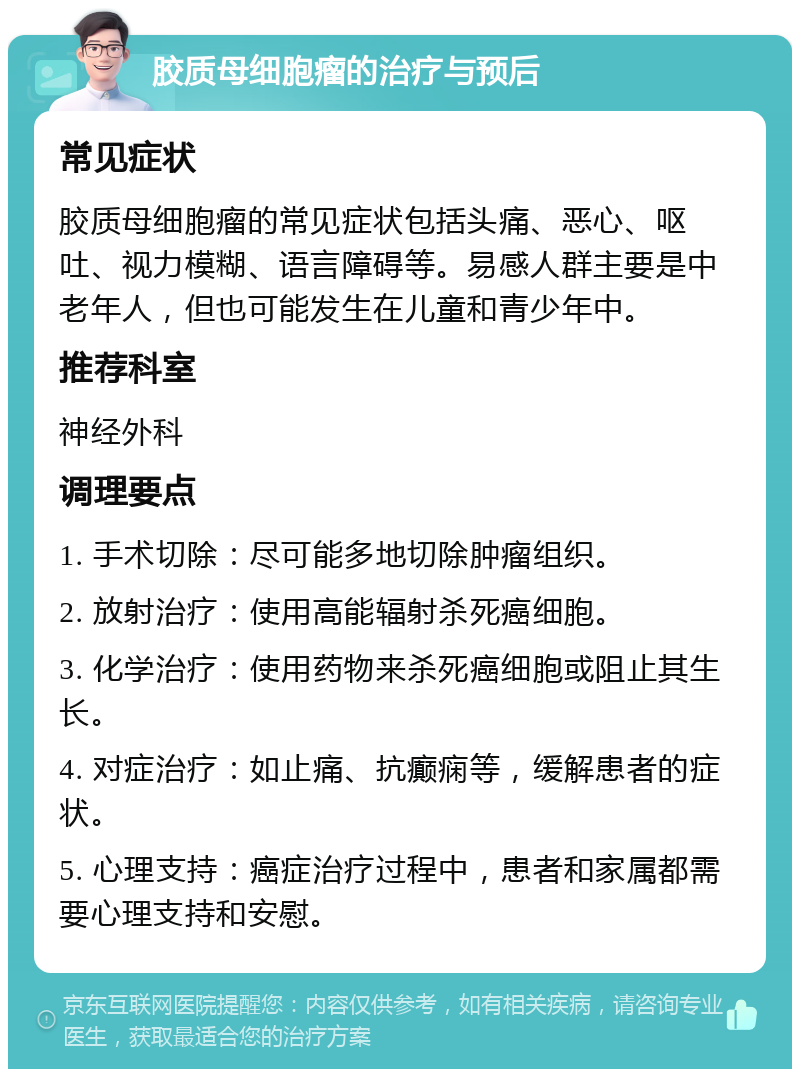 胶质母细胞瘤的治疗与预后 常见症状 胶质母细胞瘤的常见症状包括头痛、恶心、呕吐、视力模糊、语言障碍等。易感人群主要是中老年人，但也可能发生在儿童和青少年中。 推荐科室 神经外科 调理要点 1. 手术切除：尽可能多地切除肿瘤组织。 2. 放射治疗：使用高能辐射杀死癌细胞。 3. 化学治疗：使用药物来杀死癌细胞或阻止其生长。 4. 对症治疗：如止痛、抗癫痫等，缓解患者的症状。 5. 心理支持：癌症治疗过程中，患者和家属都需要心理支持和安慰。