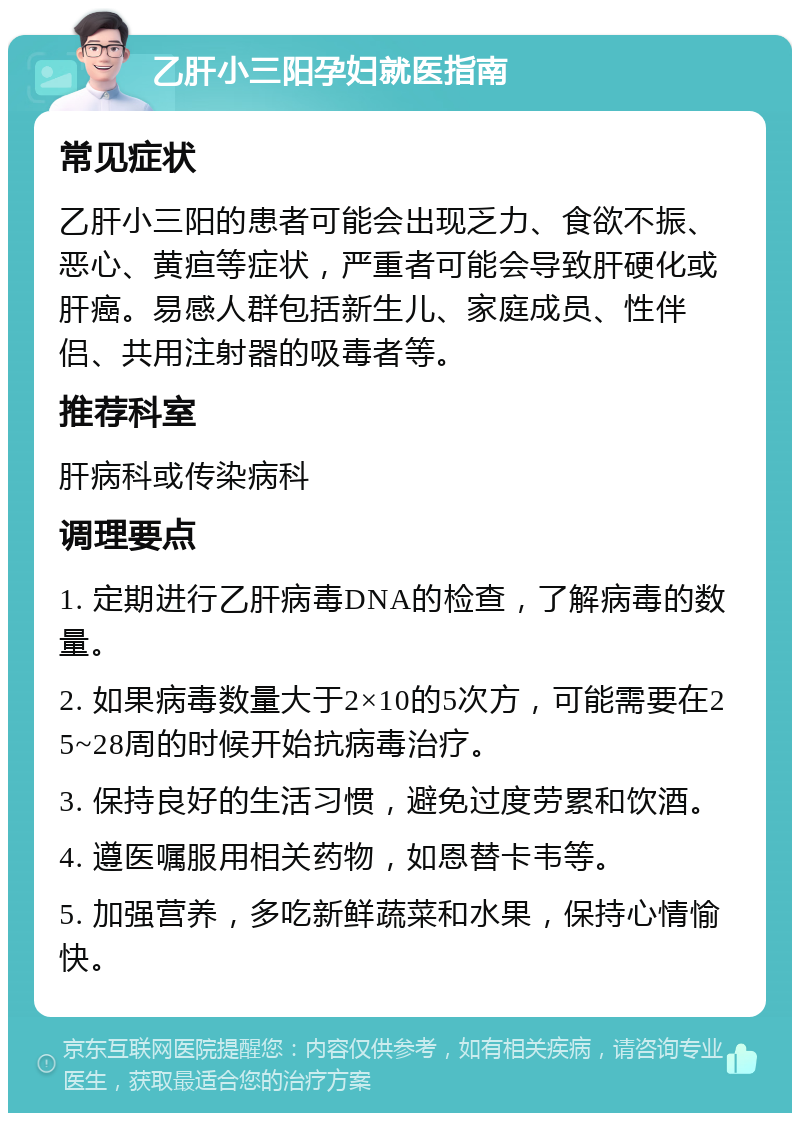 乙肝小三阳孕妇就医指南 常见症状 乙肝小三阳的患者可能会出现乏力、食欲不振、恶心、黄疸等症状，严重者可能会导致肝硬化或肝癌。易感人群包括新生儿、家庭成员、性伴侣、共用注射器的吸毒者等。 推荐科室 肝病科或传染病科 调理要点 1. 定期进行乙肝病毒DNA的检查，了解病毒的数量。 2. 如果病毒数量大于2×10的5次方，可能需要在25~28周的时候开始抗病毒治疗。 3. 保持良好的生活习惯，避免过度劳累和饮酒。 4. 遵医嘱服用相关药物，如恩替卡韦等。 5. 加强营养，多吃新鲜蔬菜和水果，保持心情愉快。