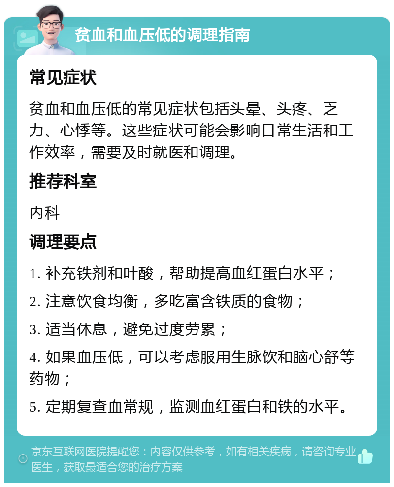 贫血和血压低的调理指南 常见症状 贫血和血压低的常见症状包括头晕、头疼、乏力、心悸等。这些症状可能会影响日常生活和工作效率，需要及时就医和调理。 推荐科室 内科 调理要点 1. 补充铁剂和叶酸，帮助提高血红蛋白水平； 2. 注意饮食均衡，多吃富含铁质的食物； 3. 适当休息，避免过度劳累； 4. 如果血压低，可以考虑服用生脉饮和脑心舒等药物； 5. 定期复查血常规，监测血红蛋白和铁的水平。