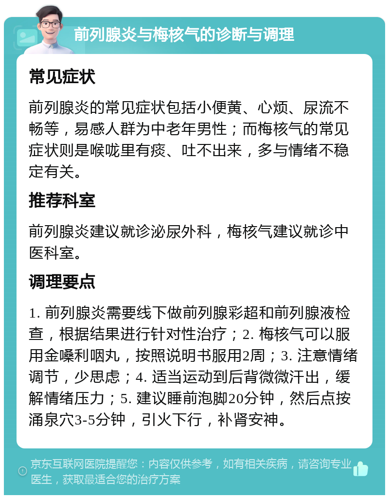 前列腺炎与梅核气的诊断与调理 常见症状 前列腺炎的常见症状包括小便黄、心烦、尿流不畅等，易感人群为中老年男性；而梅核气的常见症状则是喉咙里有痰、吐不出来，多与情绪不稳定有关。 推荐科室 前列腺炎建议就诊泌尿外科，梅核气建议就诊中医科室。 调理要点 1. 前列腺炎需要线下做前列腺彩超和前列腺液检查，根据结果进行针对性治疗；2. 梅核气可以服用金嗓利咽丸，按照说明书服用2周；3. 注意情绪调节，少思虑；4. 适当运动到后背微微汗出，缓解情绪压力；5. 建议睡前泡脚20分钟，然后点按涌泉穴3-5分钟，引火下行，补肾安神。