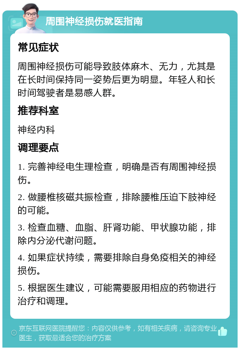 周围神经损伤就医指南 常见症状 周围神经损伤可能导致肢体麻木、无力，尤其是在长时间保持同一姿势后更为明显。年轻人和长时间驾驶者是易感人群。 推荐科室 神经内科 调理要点 1. 完善神经电生理检查，明确是否有周围神经损伤。 2. 做腰椎核磁共振检查，排除腰椎压迫下肢神经的可能。 3. 检查血糖、血脂、肝肾功能、甲状腺功能，排除内分泌代谢问题。 4. 如果症状持续，需要排除自身免疫相关的神经损伤。 5. 根据医生建议，可能需要服用相应的药物进行治疗和调理。