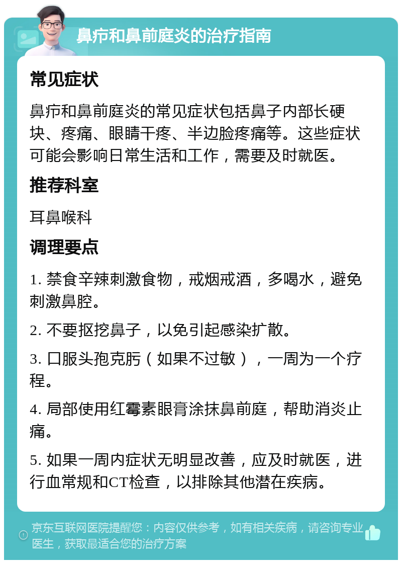 鼻疖和鼻前庭炎的治疗指南 常见症状 鼻疖和鼻前庭炎的常见症状包括鼻子内部长硬块、疼痛、眼睛干疼、半边脸疼痛等。这些症状可能会影响日常生活和工作，需要及时就医。 推荐科室 耳鼻喉科 调理要点 1. 禁食辛辣刺激食物，戒烟戒酒，多喝水，避免刺激鼻腔。 2. 不要抠挖鼻子，以免引起感染扩散。 3. 口服头孢克肟（如果不过敏），一周为一个疗程。 4. 局部使用红霉素眼膏涂抹鼻前庭，帮助消炎止痛。 5. 如果一周内症状无明显改善，应及时就医，进行血常规和CT检查，以排除其他潜在疾病。