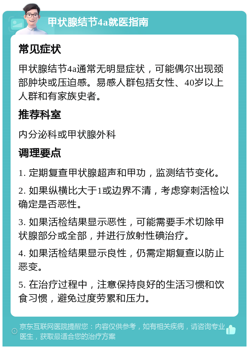 甲状腺结节4a就医指南 常见症状 甲状腺结节4a通常无明显症状，可能偶尔出现颈部肿块或压迫感。易感人群包括女性、40岁以上人群和有家族史者。 推荐科室 内分泌科或甲状腺外科 调理要点 1. 定期复查甲状腺超声和甲功，监测结节变化。 2. 如果纵横比大于1或边界不清，考虑穿刺活检以确定是否恶性。 3. 如果活检结果显示恶性，可能需要手术切除甲状腺部分或全部，并进行放射性碘治疗。 4. 如果活检结果显示良性，仍需定期复查以防止恶变。 5. 在治疗过程中，注意保持良好的生活习惯和饮食习惯，避免过度劳累和压力。