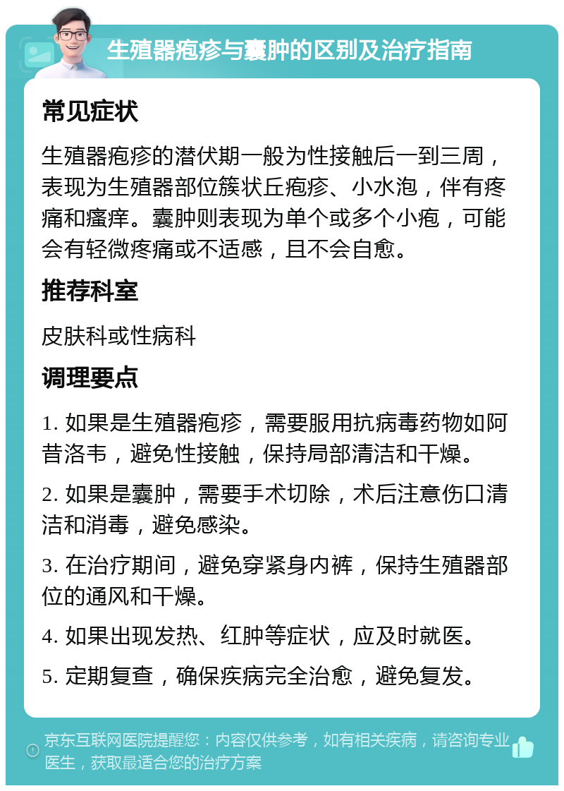 生殖器疱疹与囊肿的区别及治疗指南 常见症状 生殖器疱疹的潜伏期一般为性接触后一到三周，表现为生殖器部位簇状丘疱疹、小水泡，伴有疼痛和瘙痒。囊肿则表现为单个或多个小疱，可能会有轻微疼痛或不适感，且不会自愈。 推荐科室 皮肤科或性病科 调理要点 1. 如果是生殖器疱疹，需要服用抗病毒药物如阿昔洛韦，避免性接触，保持局部清洁和干燥。 2. 如果是囊肿，需要手术切除，术后注意伤口清洁和消毒，避免感染。 3. 在治疗期间，避免穿紧身内裤，保持生殖器部位的通风和干燥。 4. 如果出现发热、红肿等症状，应及时就医。 5. 定期复查，确保疾病完全治愈，避免复发。