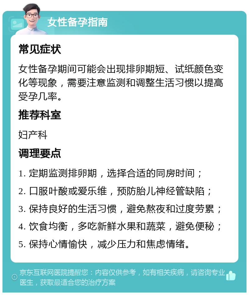 女性备孕指南 常见症状 女性备孕期间可能会出现排卵期短、试纸颜色变化等现象，需要注意监测和调整生活习惯以提高受孕几率。 推荐科室 妇产科 调理要点 1. 定期监测排卵期，选择合适的同房时间； 2. 口服叶酸或爱乐维，预防胎儿神经管缺陷； 3. 保持良好的生活习惯，避免熬夜和过度劳累； 4. 饮食均衡，多吃新鲜水果和蔬菜，避免便秘； 5. 保持心情愉快，减少压力和焦虑情绪。