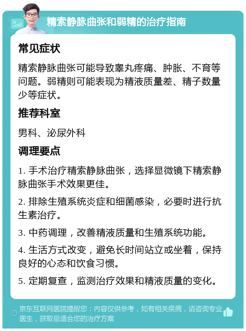 精索静脉曲张和弱精的治疗指南 常见症状 精索静脉曲张可能导致睾丸疼痛、肿胀、不育等问题。弱精则可能表现为精液质量差、精子数量少等症状。 推荐科室 男科、泌尿外科 调理要点 1. 手术治疗精索静脉曲张，选择显微镜下精索静脉曲张手术效果更佳。 2. 排除生殖系统炎症和细菌感染，必要时进行抗生素治疗。 3. 中药调理，改善精液质量和生殖系统功能。 4. 生活方式改变，避免长时间站立或坐着，保持良好的心态和饮食习惯。 5. 定期复查，监测治疗效果和精液质量的变化。