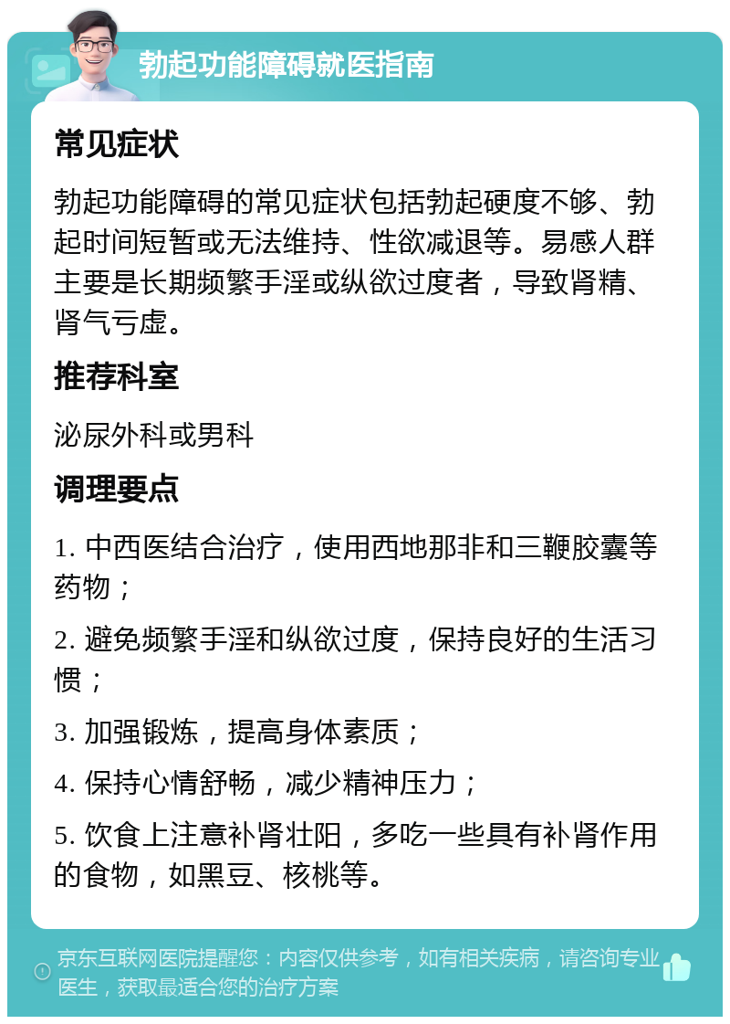 勃起功能障碍就医指南 常见症状 勃起功能障碍的常见症状包括勃起硬度不够、勃起时间短暂或无法维持、性欲减退等。易感人群主要是长期频繁手淫或纵欲过度者，导致肾精、肾气亏虚。 推荐科室 泌尿外科或男科 调理要点 1. 中西医结合治疗，使用西地那非和三鞭胶囊等药物； 2. 避免频繁手淫和纵欲过度，保持良好的生活习惯； 3. 加强锻炼，提高身体素质； 4. 保持心情舒畅，减少精神压力； 5. 饮食上注意补肾壮阳，多吃一些具有补肾作用的食物，如黑豆、核桃等。